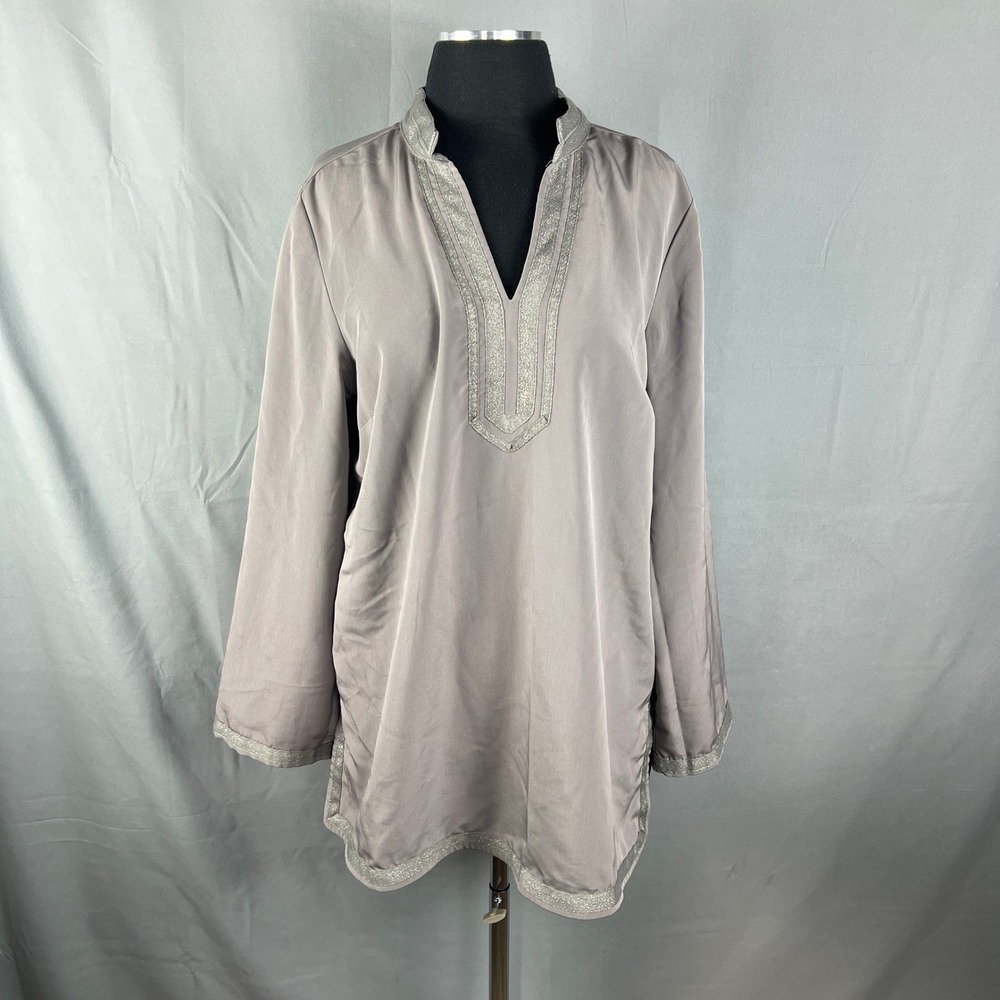 Susan Graver Style Tunic Top Womens L Gray Metallic Silver Lace Trim Split Neck